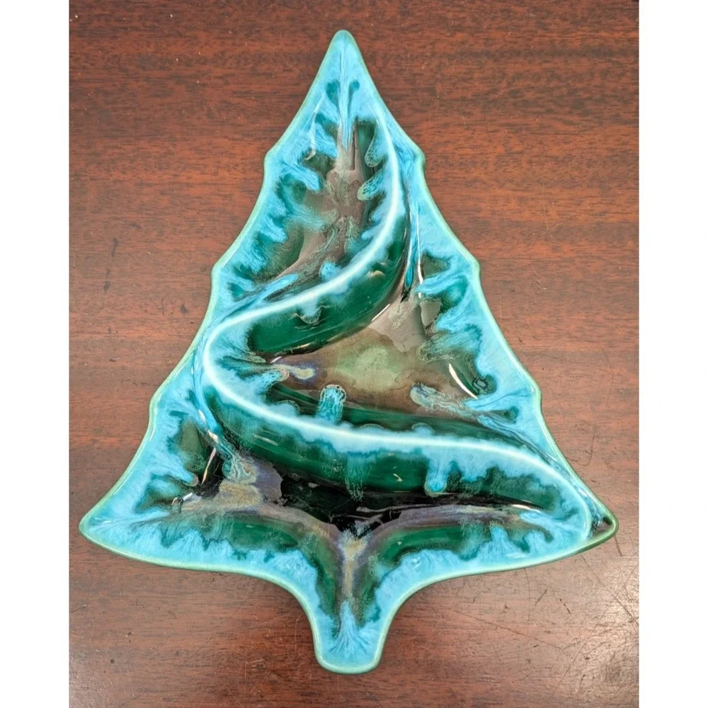 Vintage 1970s Handmade Ceramic Christmas Tree Divided Serving Tray Drip Glaze